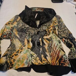 Johnny Was Colorful Patterned Blouse with Black Collar